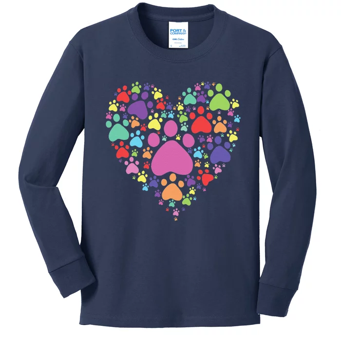 Heart Paw Print Dog Cat Lover Valentines Day Kids Long Sleeve Shirt