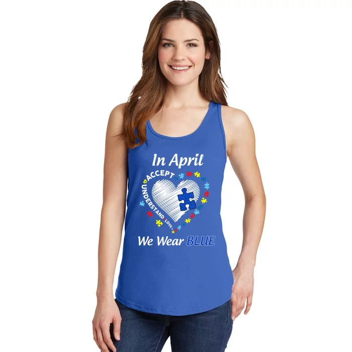 Heart Puzzle Pieces In April We Wear Blue Autism Awareness Gift Ladies Essential Tank