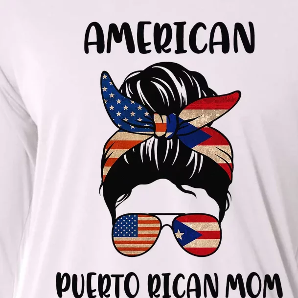 Half Puerto Rican American Mom Messy Bun Flag Mothers Day Cooling Performance Long Sleeve Crew