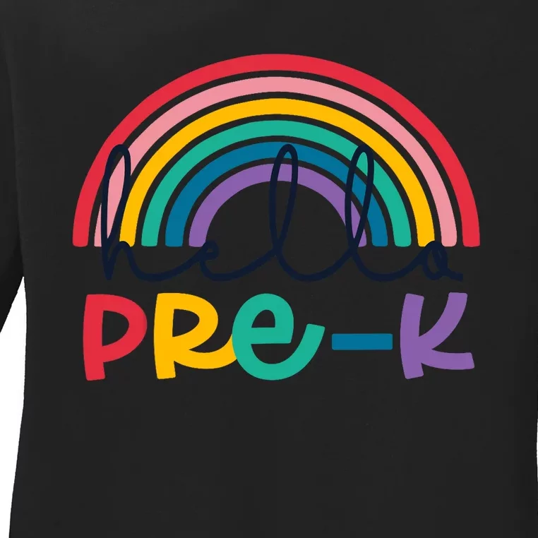 Hello Pre-K Rainbow Back To School Teacher Student Ladies Long Sleeve Shirt