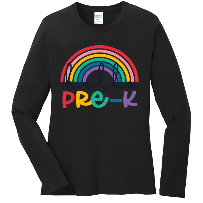 Hello Pre-K Rainbow Back To School Teacher Student Ladies Long Sleeve Shirt