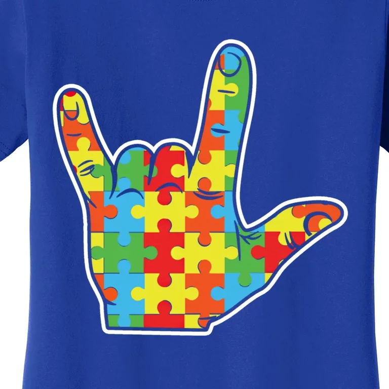 Hand Puzzle Rock Sign Special April Blue Autism Awareness Gift Women's T-Shirt