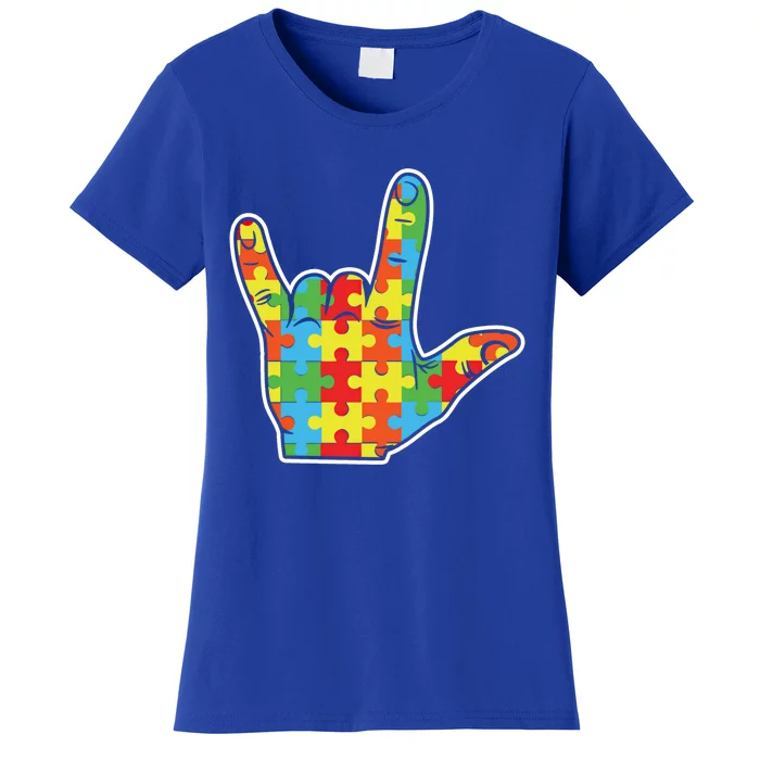 Hand Puzzle Rock Sign Special April Blue Autism Awareness Gift Women's T-Shirt