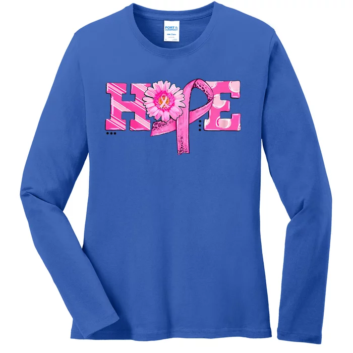 Hope Pink Ribbon Sunflower Breast Cancer Awareness Warrior Ladies Long Sleeve Shirt