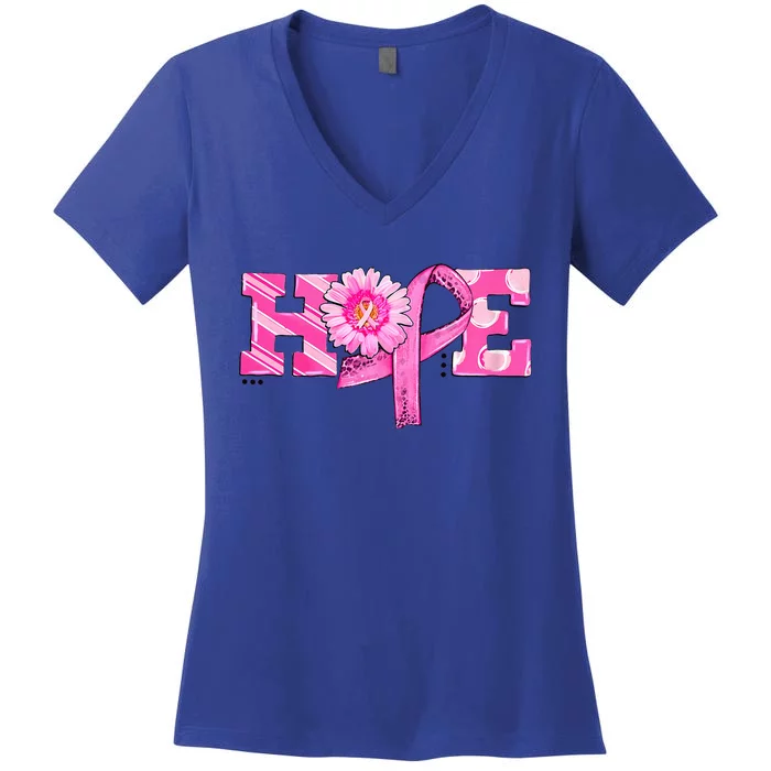 Hope Pink Ribbon Sunflower Breast Cancer Awareness Warrior Women's V-Neck T-Shirt