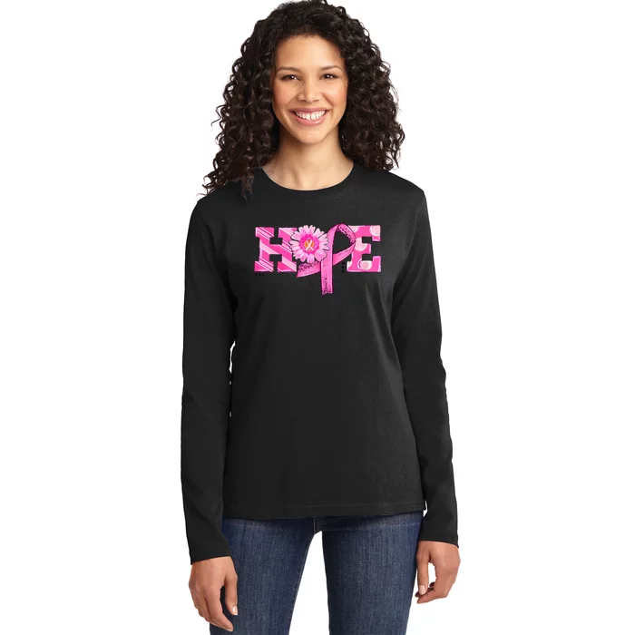 Hope Pink Ribbon Sunflower Breast Cancer Awareness Warrior Ladies Long Sleeve Shirt