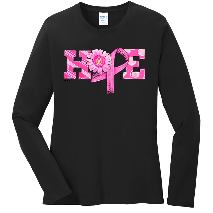 Hope Pink Ribbon Sunflower Breast Cancer Awareness Warrior Ladies Long Sleeve Shirt