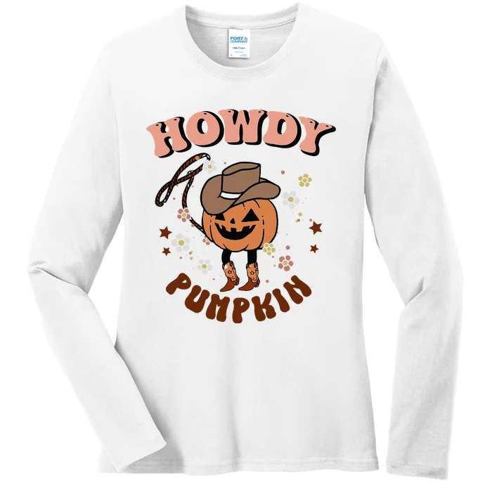 Howdy Pumpkin Rodeo Western Fall Southern Halloween Ladies Long Sleeve Shirt