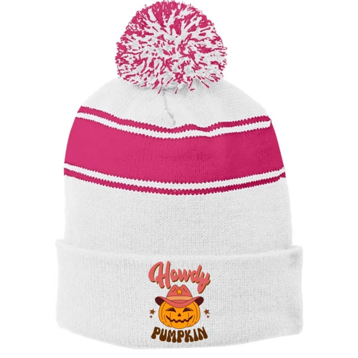 Howdy Pumpkin Retro Cute Halloween Stripe Pom Pom Beanie