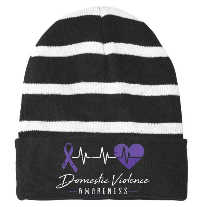 Heartbeat Purple Ribbon Domestic Violence Awareness Warrior Striped Beanie with Solid Band