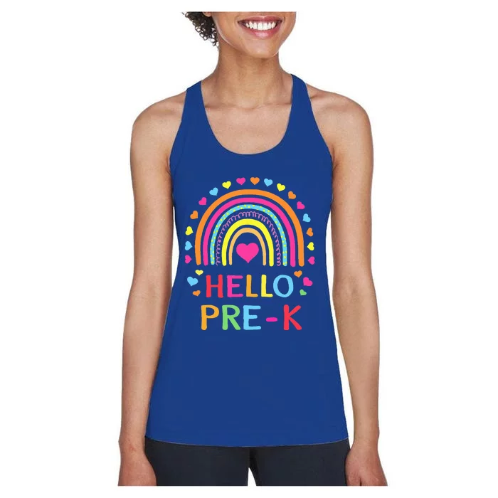 Hello PreK Rainbow Back To School Teacher Student Women's Racerback Tank