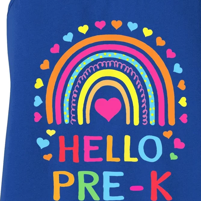 Hello PreK Rainbow Back To School Teacher Student Women's Racerback Tank