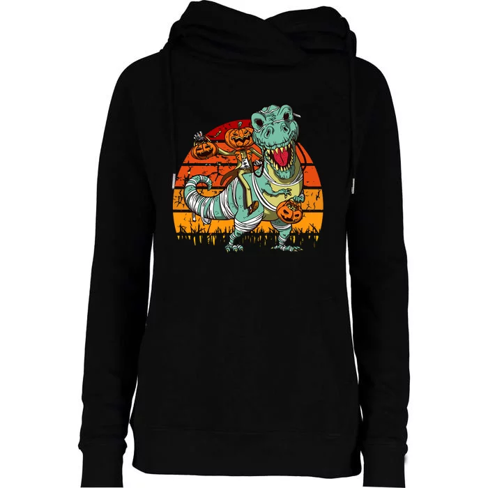 Halloween Pumpkin Riding Dinosaur Trex Skeleton Funny Womens Funnel Neck Pullover Hood