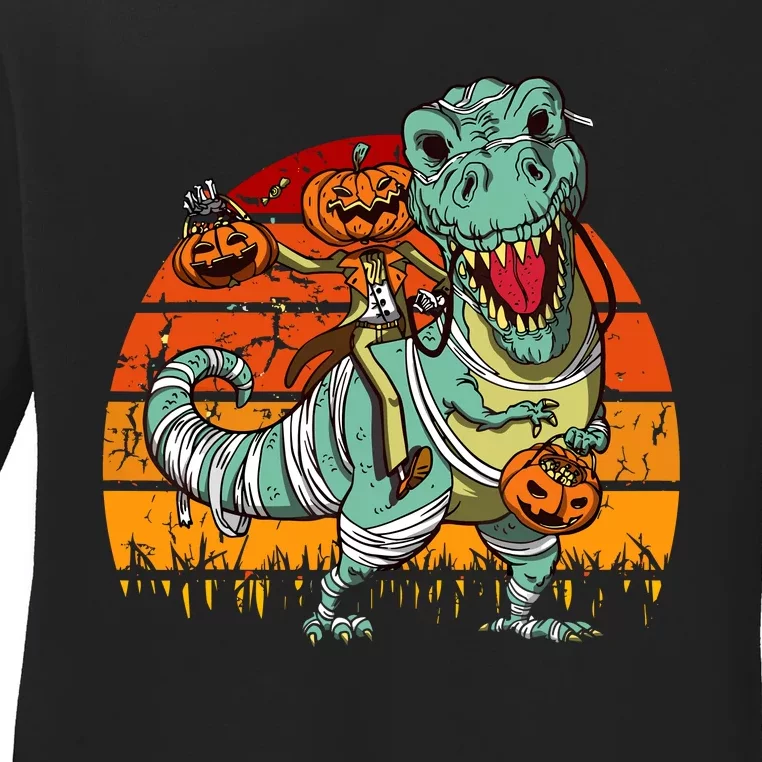 Halloween Pumpkin Riding Dinosaur Trex Skeleton Funny Ladies Long Sleeve Shirt