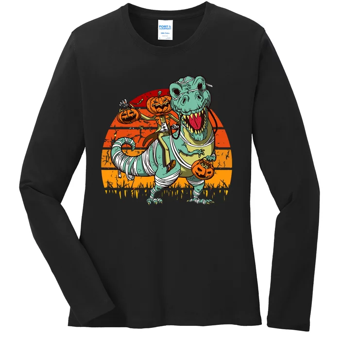 Halloween Pumpkin Riding Dinosaur Trex Skeleton Funny Ladies Long Sleeve Shirt