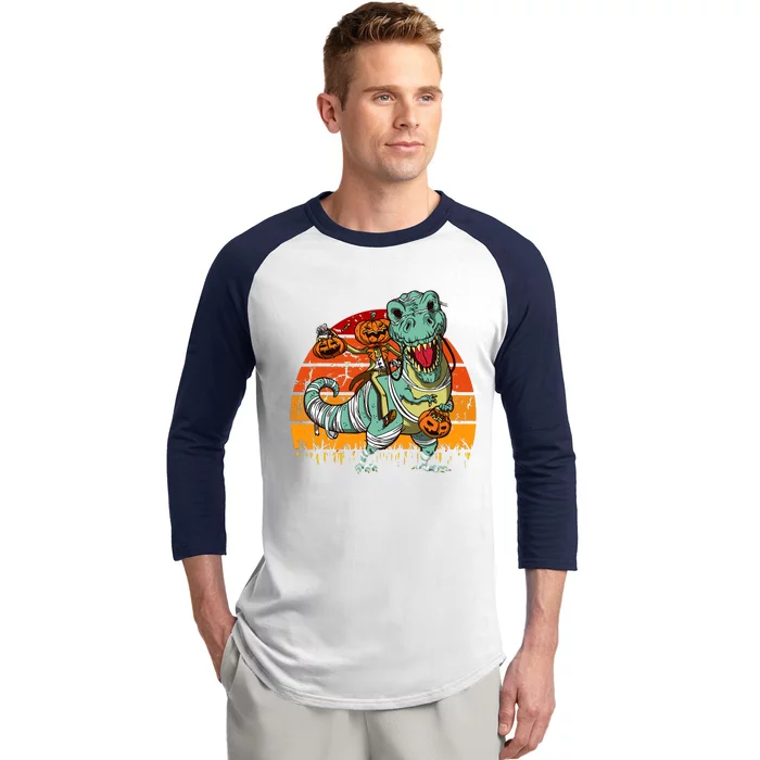 Halloween Pumpkin Riding Dinosaur Trex Skeleton Funny Baseball Sleeve Shirt