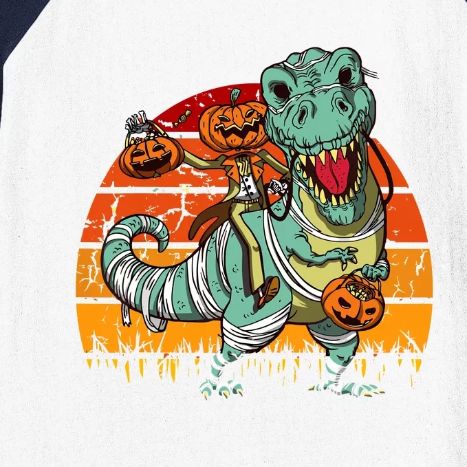 Halloween Pumpkin Riding Dinosaur Trex Skeleton Funny Baseball Sleeve Shirt