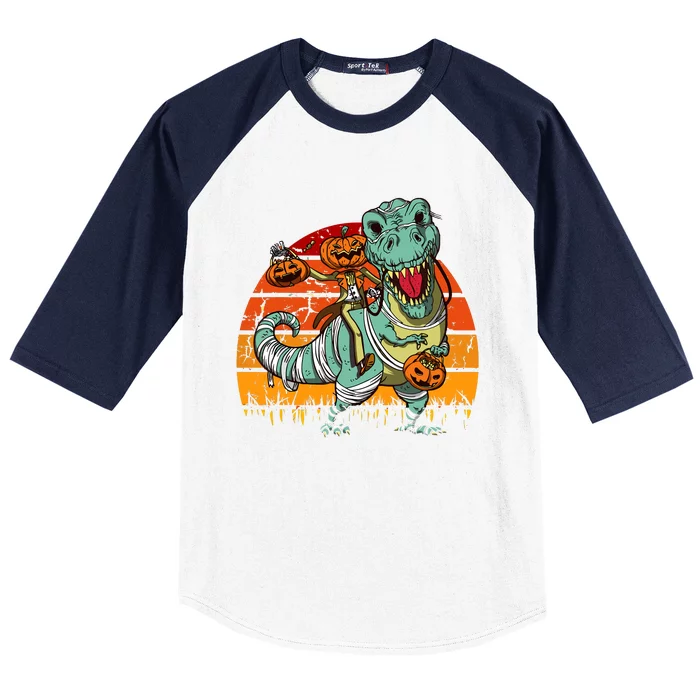 Halloween Pumpkin Riding Dinosaur Trex Skeleton Funny Baseball Sleeve Shirt