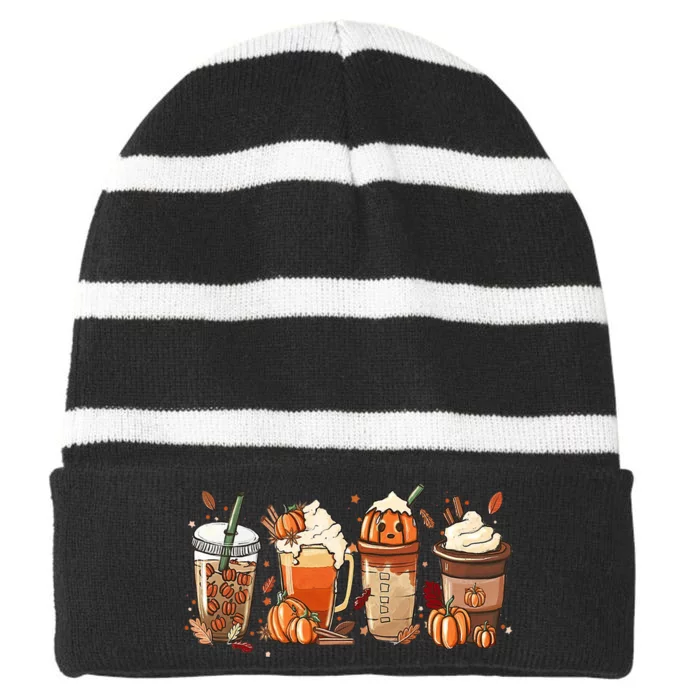 Halloween Pumpkin Spice Coffee Lover Striped Beanie with Solid Band