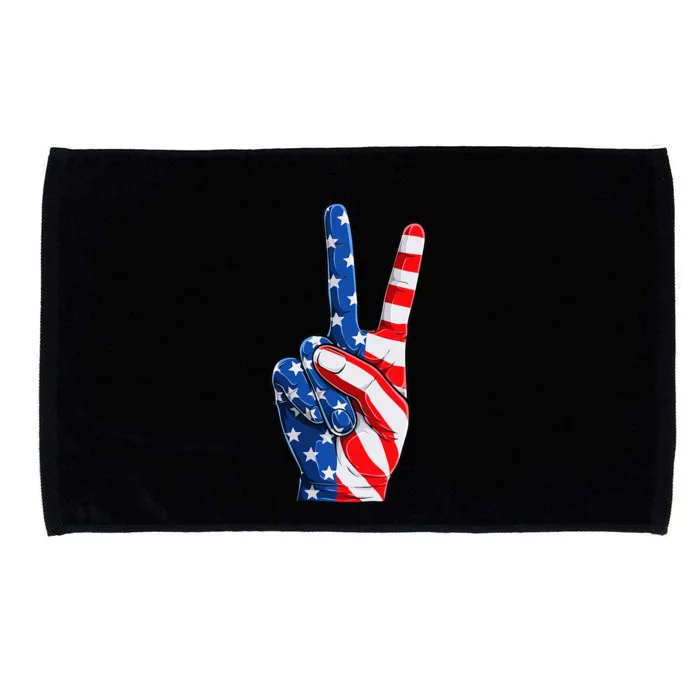 Hand Peace Sign Usa American Flag Patriotic 4th Of July Microfiber Hand Towel