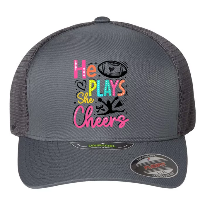 He Plays She Cheers Football Team Game Day Flexfit Unipanel Trucker Cap