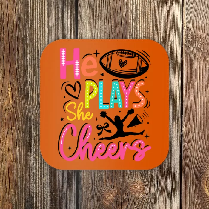 He Plays She Cheers Football Team Game Day Coaster