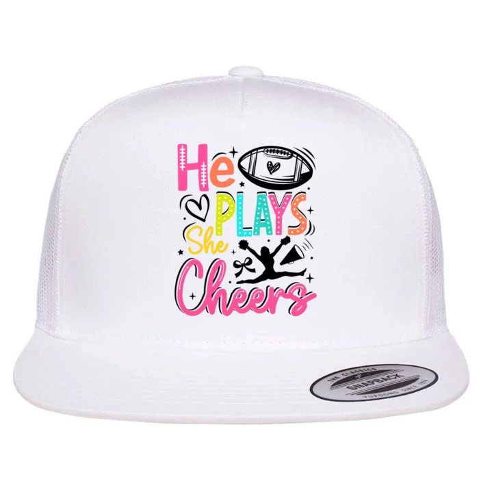 He Plays She Cheers Football Team Game Day Flat Bill Trucker Hat