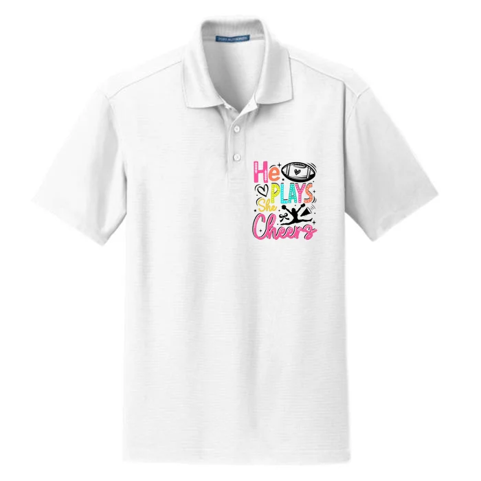 He Plays She Cheers Football Team Game Day Dry Zone Grid Performance Polo