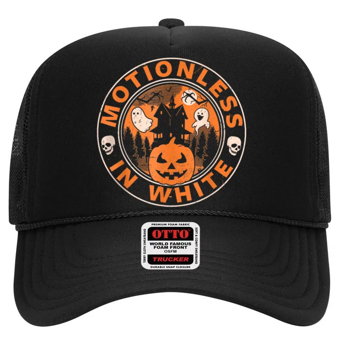 Halloween Pumpkin Scary Funny Motionlesses In White High Crown Mesh Trucker Hat