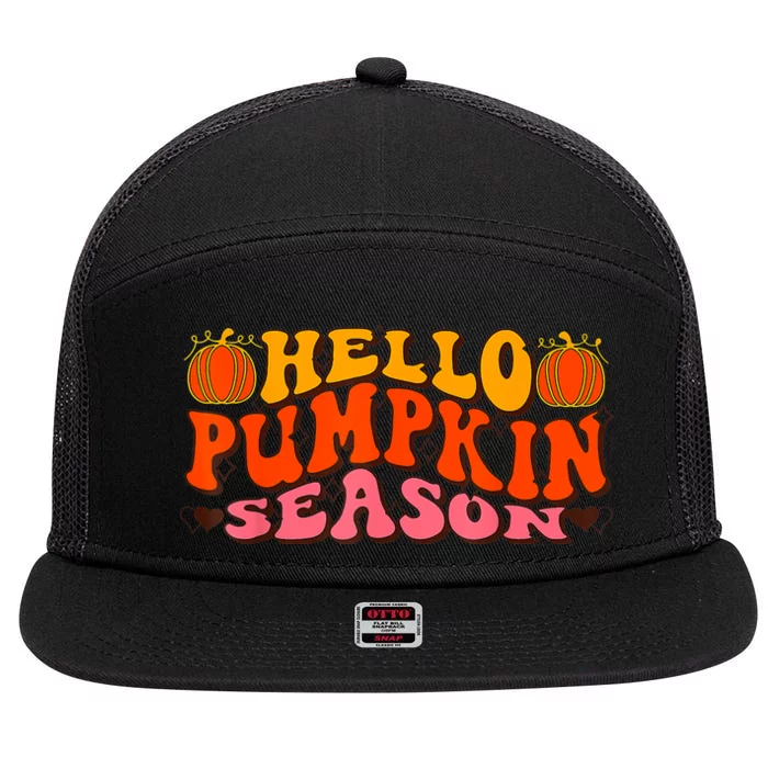 Hello Pumpkin Season Wavy Groovy Thanksgiving Graphic 7 Panel Mesh Trucker Snapback Hat