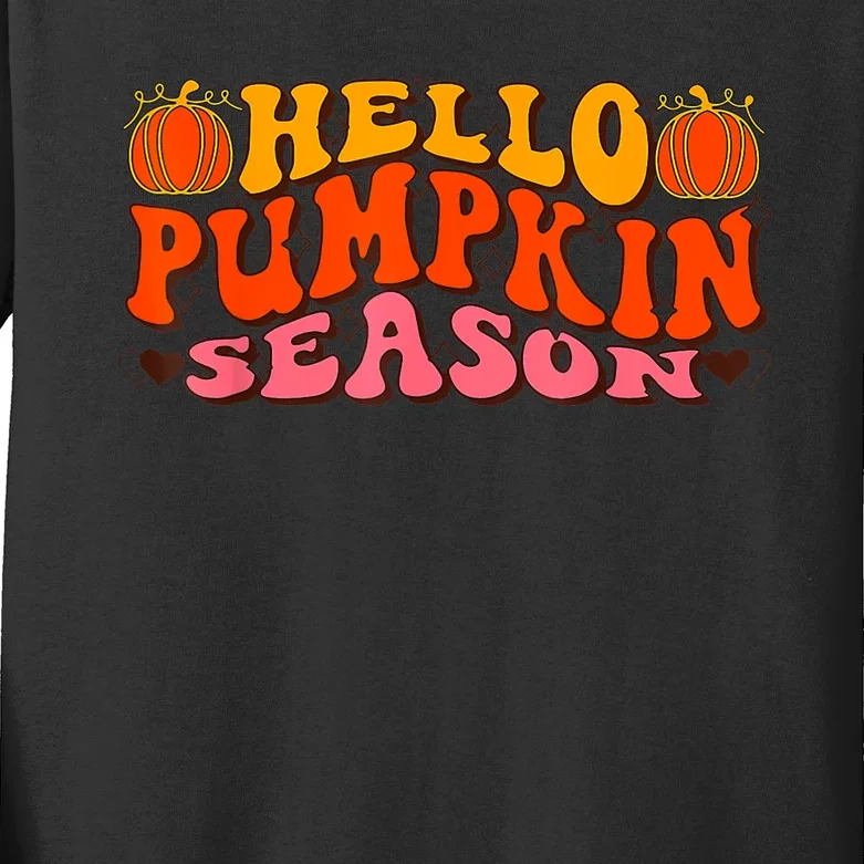 Hello Pumpkin Season Wavy Groovy Thanksgiving Graphic Kids Long Sleeve Shirt