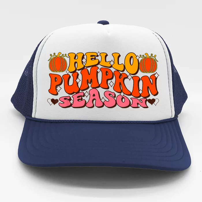 Hello Pumpkin Season Wavy Groovy Thanksgiving Graphic Trucker Hat