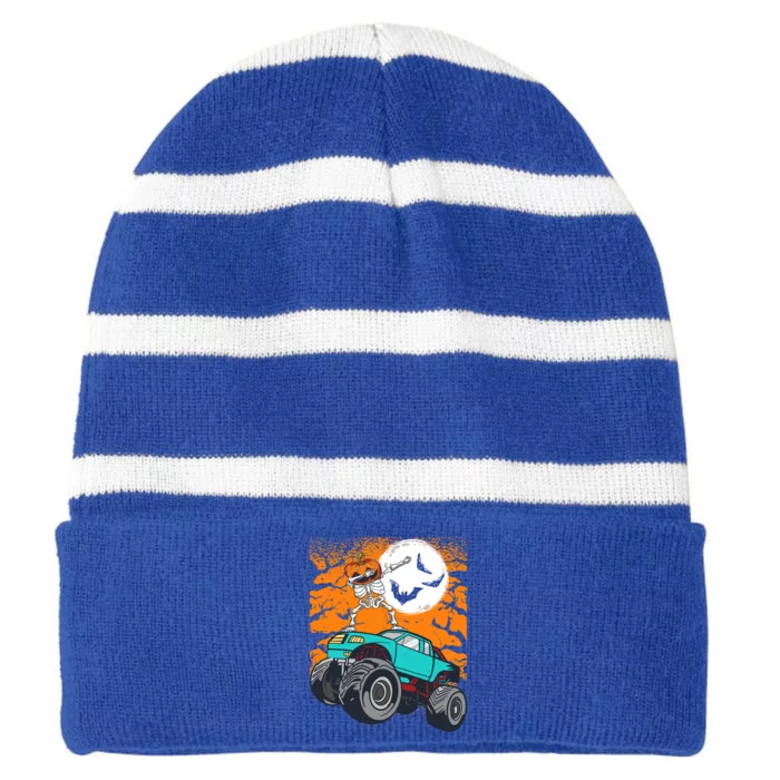 Halloween Pumpkin Skeleton Riding Monster Truck Gift Striped Beanie with Solid Band