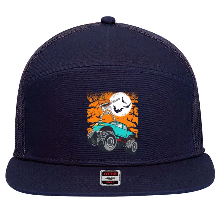 Halloween Pumpkin Skeleton Riding Monster Truck Gift 7 Panel Mesh Trucker Snapback Hat