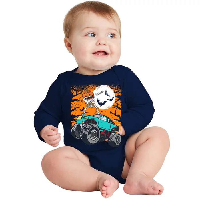 Halloween Pumpkin Skeleton Riding Monster Truck Gift Baby Long Sleeve Bodysuit