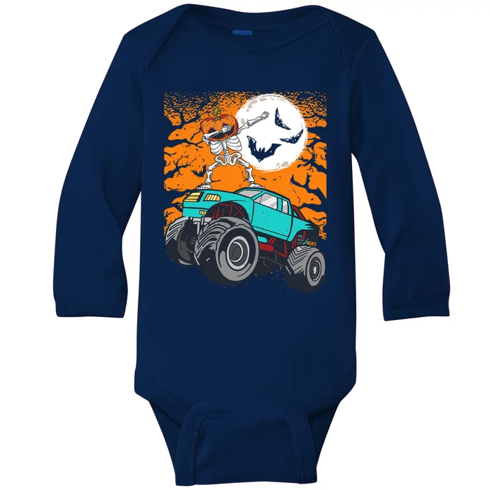 Halloween Pumpkin Skeleton Riding Monster Truck Gift Baby Long Sleeve Bodysuit