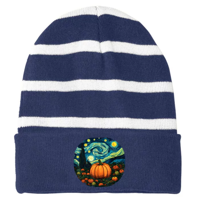 Halloween Pumpkin Starry Night Van Gogh Art Lovers Striped Beanie with Solid Band