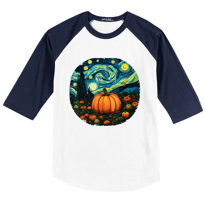 Halloween Pumpkin Starry Night Van Gogh Art Lovers Baseball Sleeve Shirt