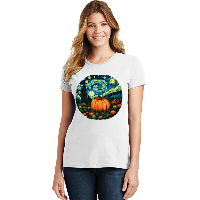 Halloween Pumpkin Starry Night Van Gogh Art Lovers Women's T-Shirt