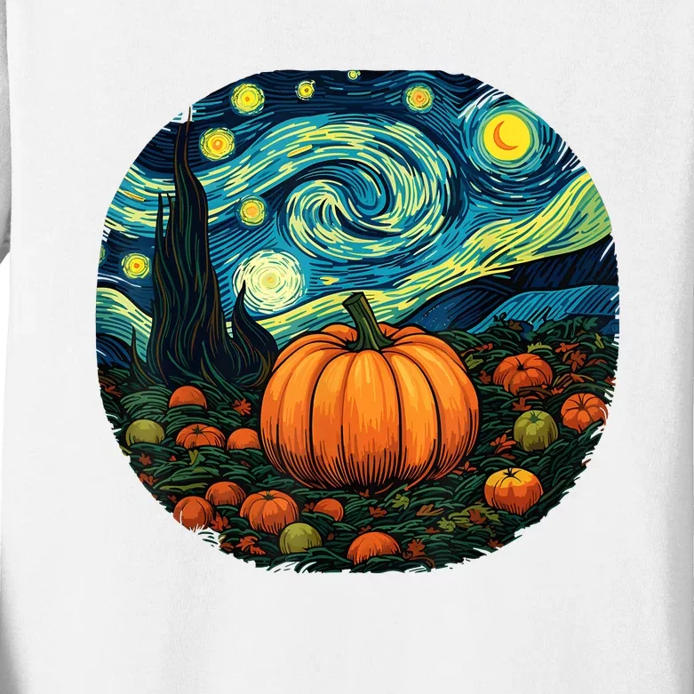 Halloween Pumpkin Starry Night Van Gogh Art Lovers Kids Long Sleeve Shirt