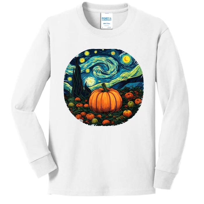 Halloween Pumpkin Starry Night Van Gogh Art Lovers Kids Long Sleeve Shirt