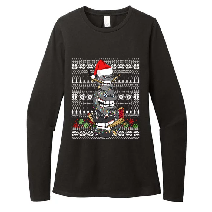 Hockey Puck Snow Family Group Ugly Christmas Hockey Gift Womens CVC Long Sleeve Shirt