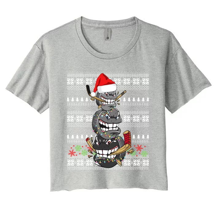 Hockey Puck Snow Family Group Ugly Christmas Hockey Gift Women's Crop Top Tee