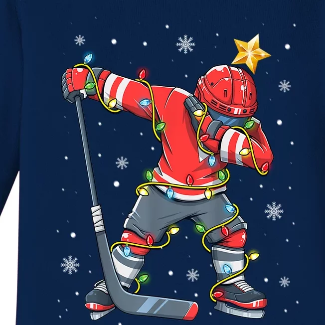 Hockey Player Santa Hat Christmas Lights Funny Xmas Cute Gift Baby Long Sleeve Bodysuit