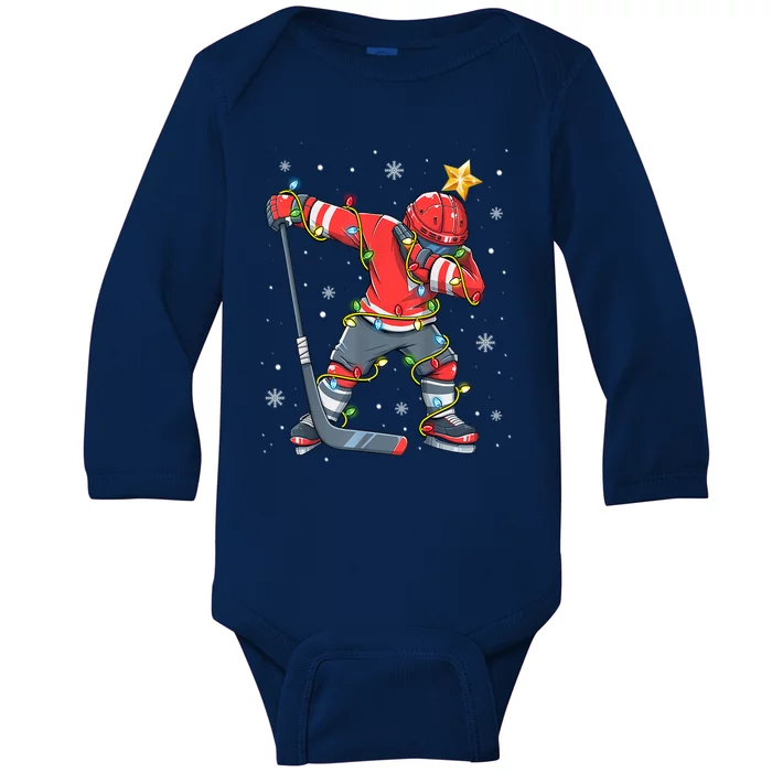 Hockey Player Santa Hat Christmas Lights Funny Xmas Cute Gift Baby Long Sleeve Bodysuit