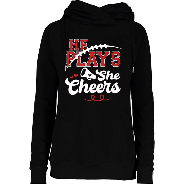 He Plays She Cheers Football Womens Funnel Neck Pullover Hood