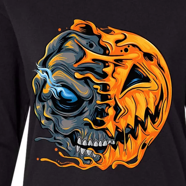 Halloween Pumpkin Skull Womens Cotton Relaxed Long Sleeve T-Shirt