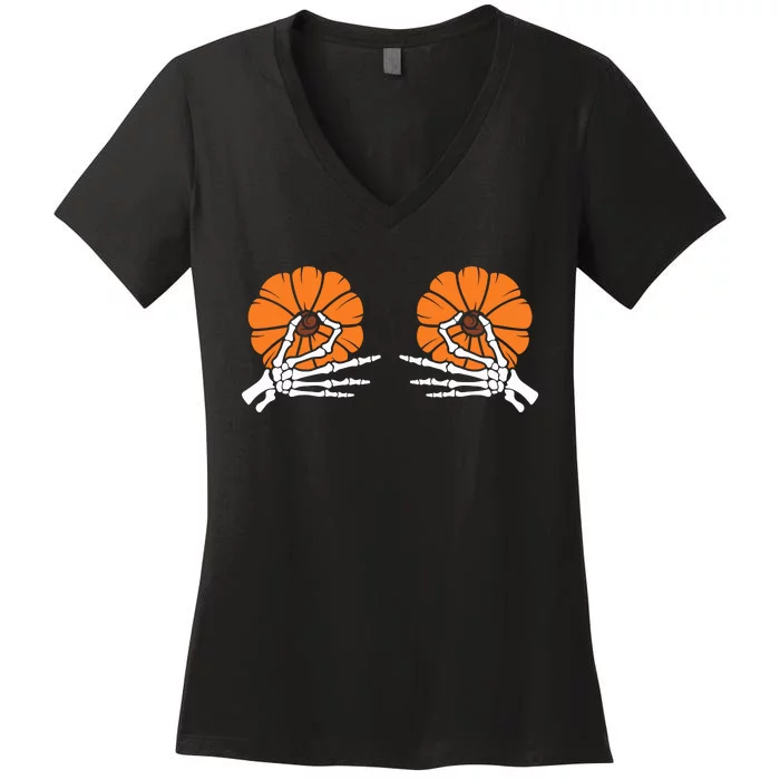 Halloween Pinch Skeleton Pumpkin Boobs Women's V-Neck T-Shirt