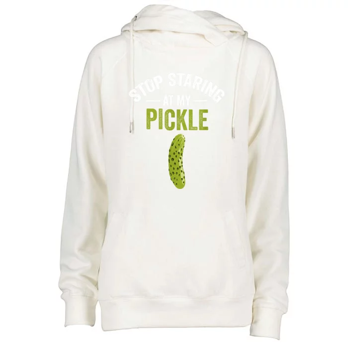 Halloween Pickle Stop Staring At My Pickle Costume Adult Gift Womens Funnel Neck Pullover Hood