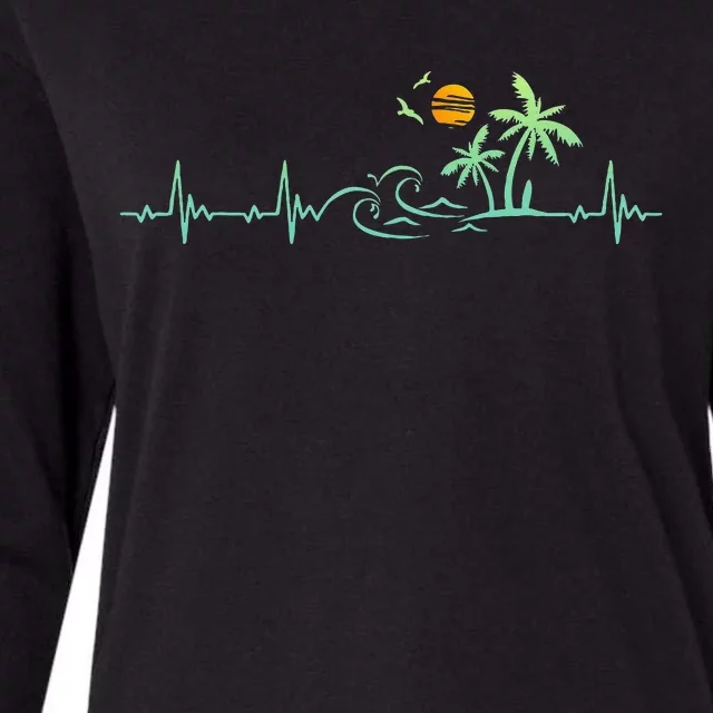 Heartbeat Palm Tree Retro Tropical Beach Island Trees Funny Womens Cotton Relaxed Long Sleeve T-Shirt